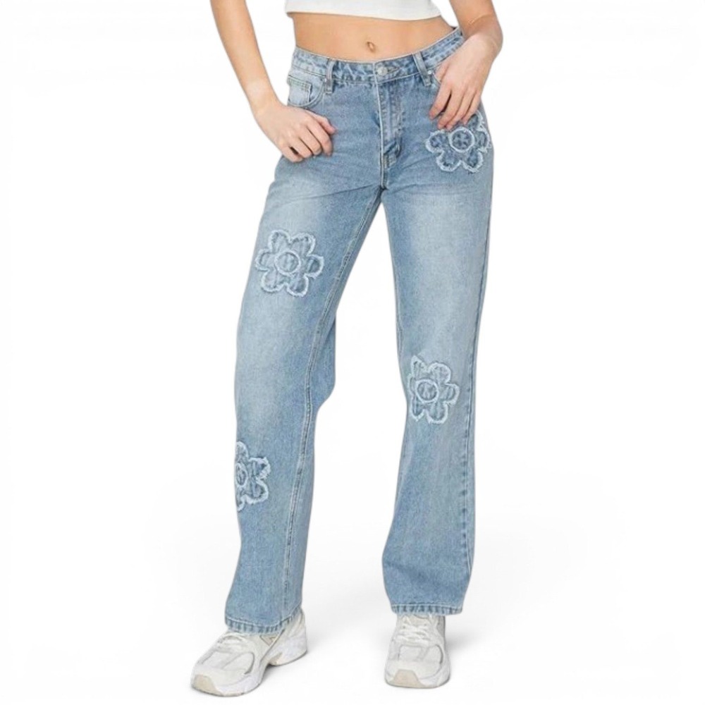 Cali 1850 Jeans Womens Size 5/27 Blue Straight Leg Embroidered Floral Frayed NEW